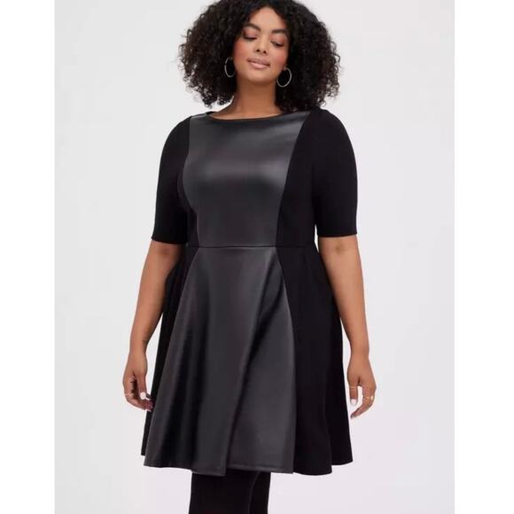 torrid Dresses & Skirts - Torrid Faux Leather Black Ponte Short Sleeve Fit And Flare Dress
